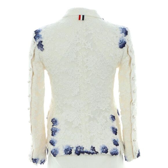 Thom Browne Women's Pearl Button Up Blazer Painted Lace Blue, White - Picture 2 of 5